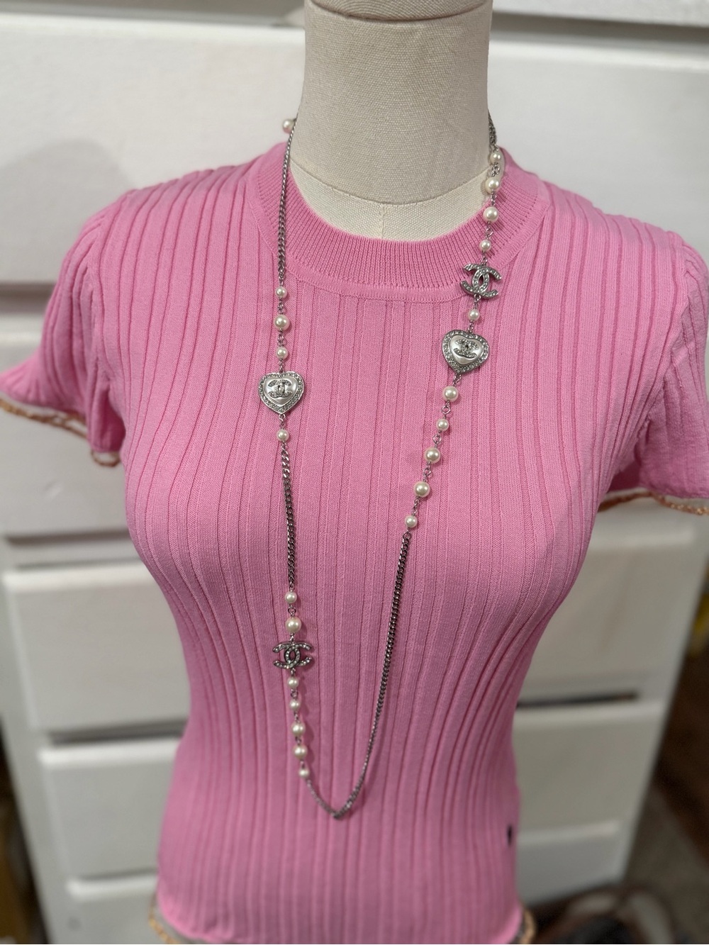 Hearts collection Silver- Pearl Heart & CC Pendant Necklace - Pink